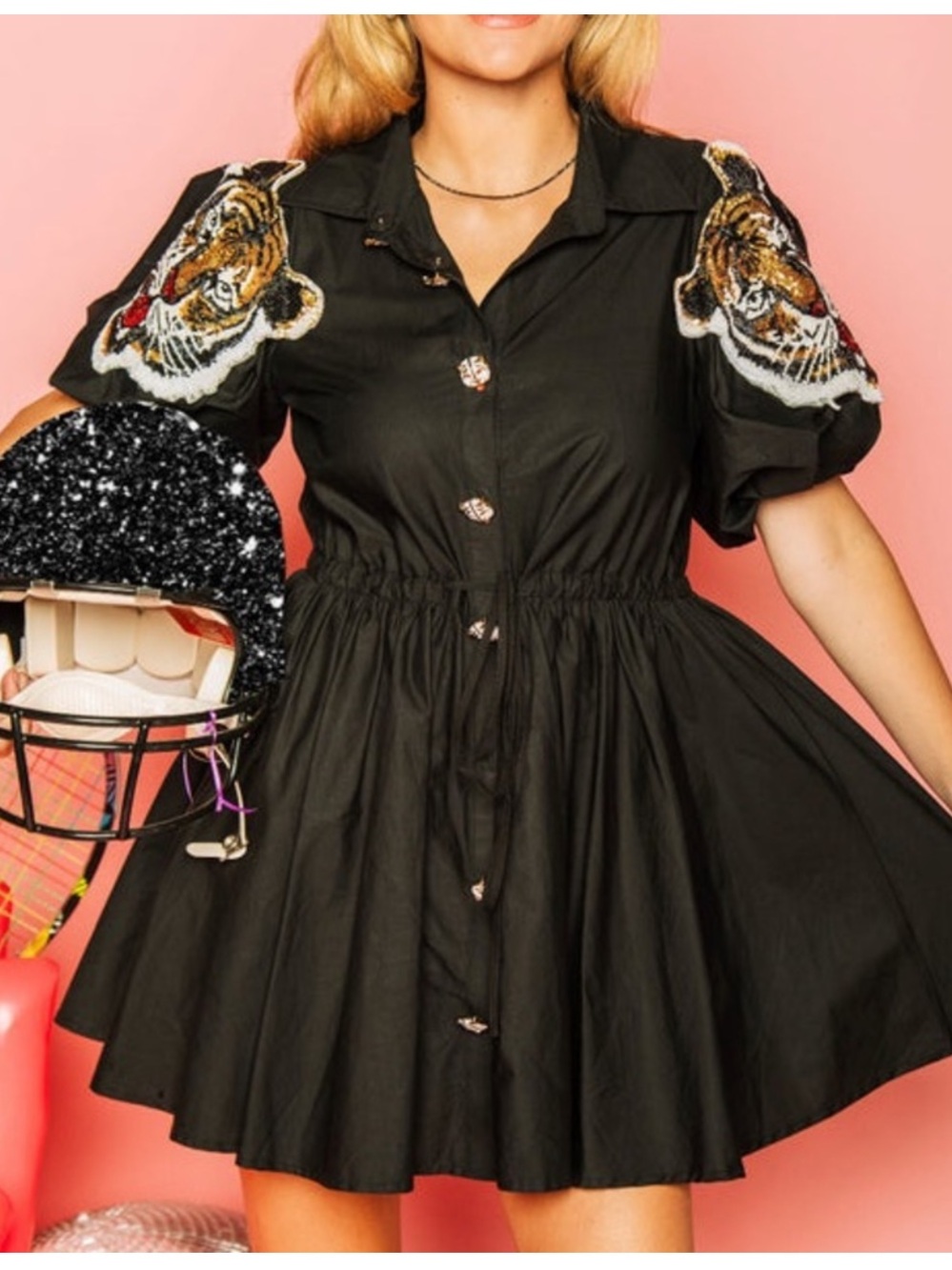 Queen of Sparkles Beaded Tiger Puff Shoulder Button Collar Dress